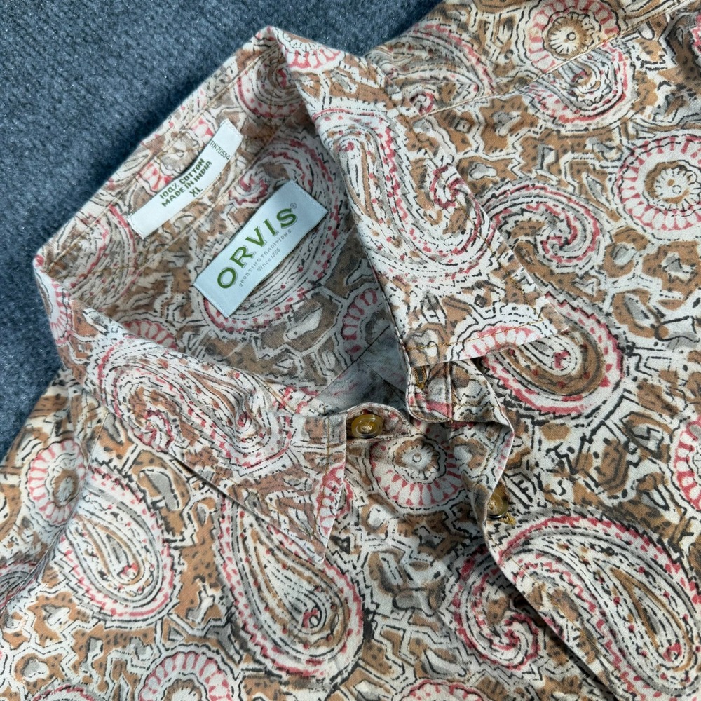 Orvis Mens XL Short Sleeve Paisley Button Up Shirt Tan Red Cotton #4364